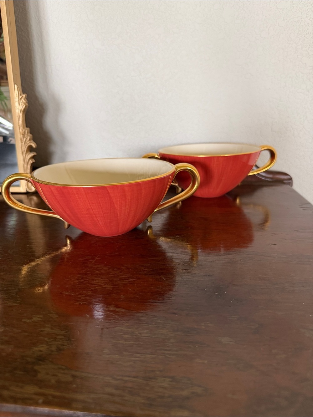 Le Objet Meredian Coral 24k Gold plated Porcelain Soup Cream Bowls